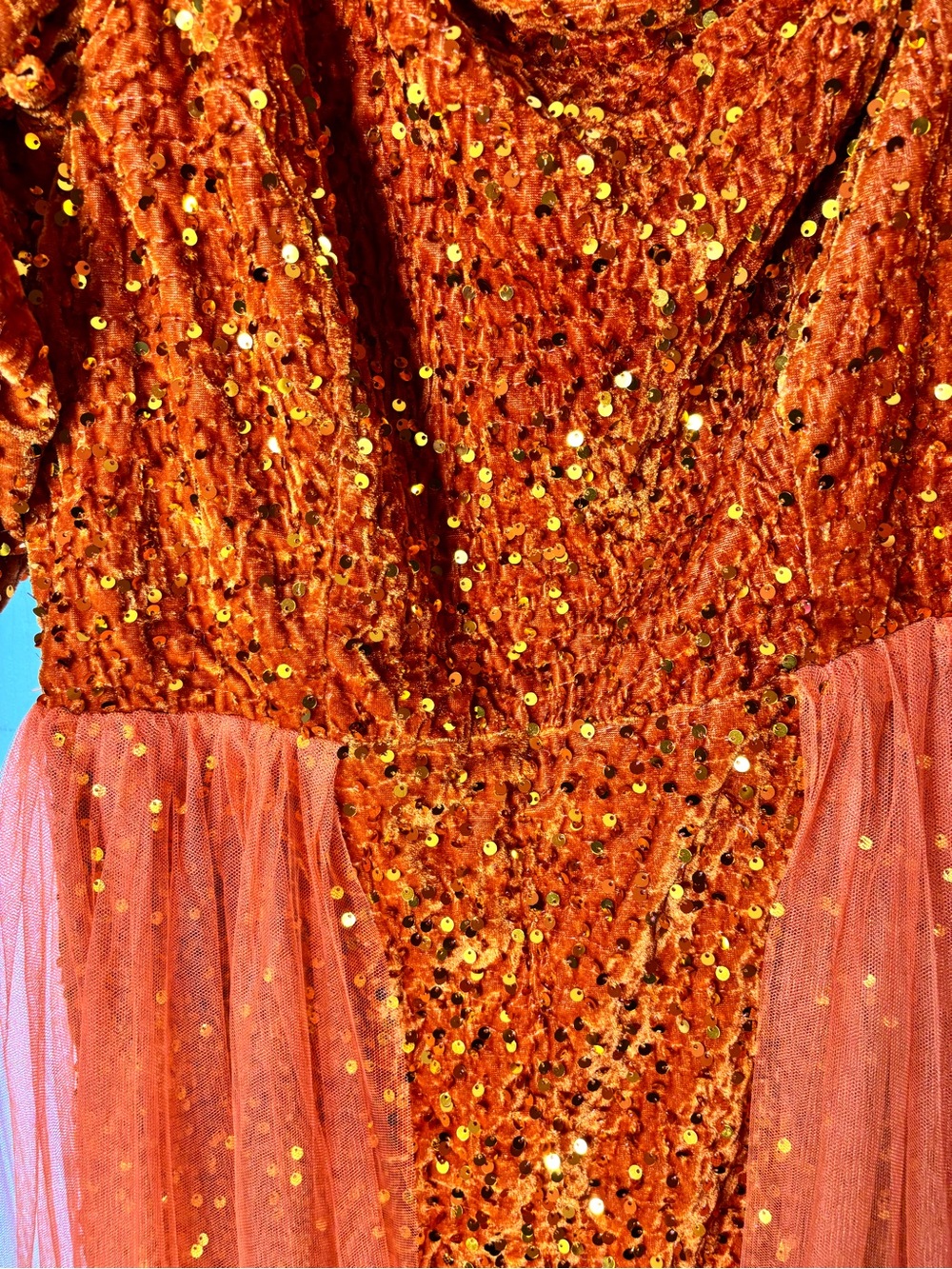 Faeriesty Plus Orange Sequin Party Dress Mesh Overlay Off Shoulder Puff Sleeve - Picture 6 of 9